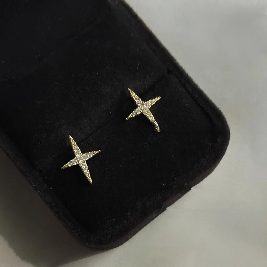 14K Plated Copper Star Cross Stud Earrings With Micro Pave Zircon, Minimalist Korean Style