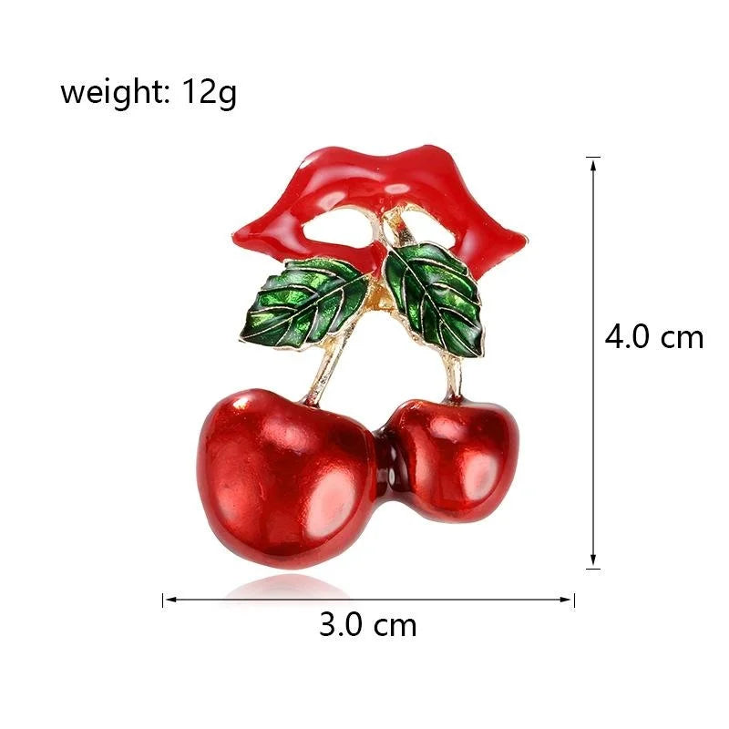 Cute Enamel Red Lips Cherry Brooch With Green Leaves, Alloy Fruit Lapel Pin Corsage Gift For Women