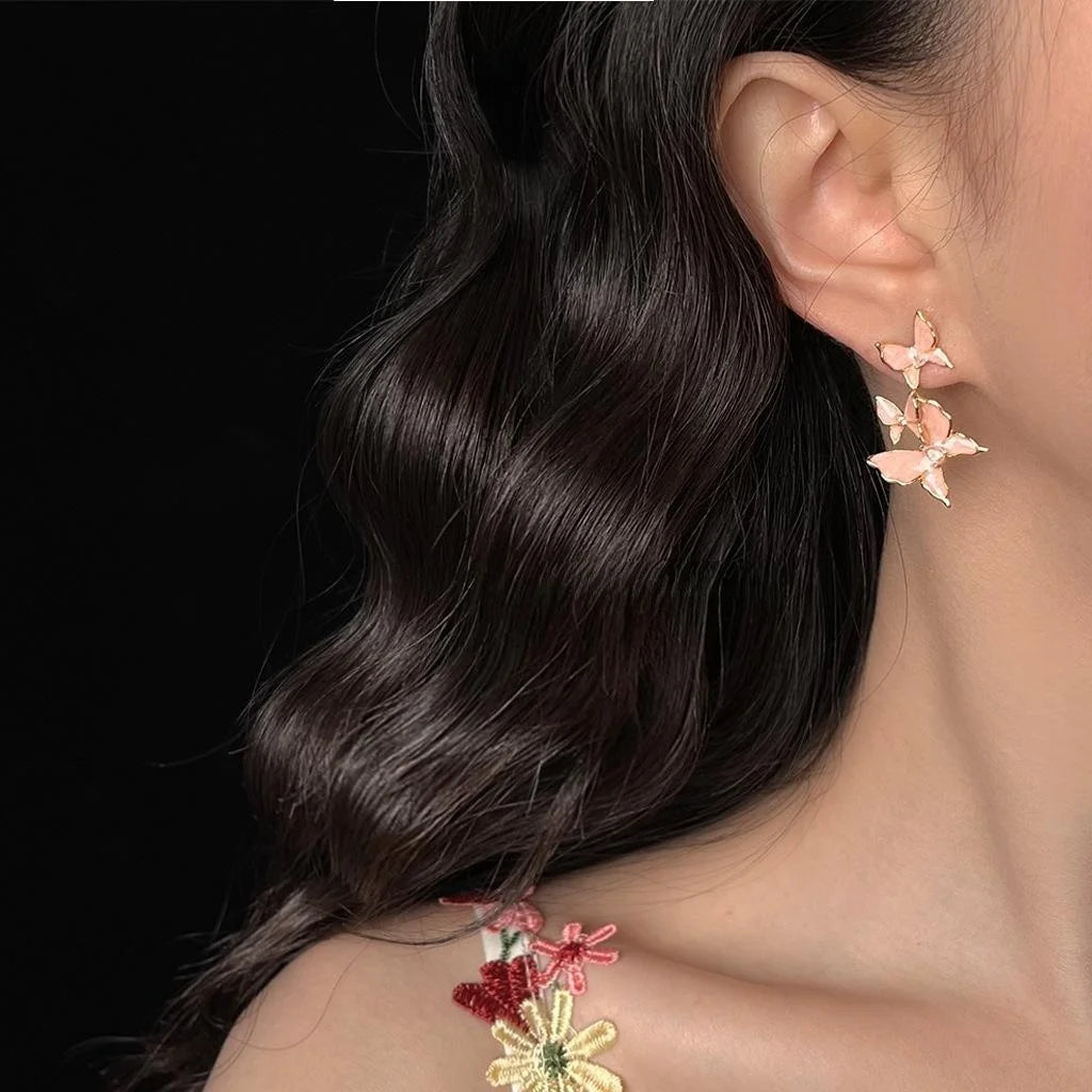 Sweet Pink Copper Butterfly Drop Earrings With Micro Pave Zircon, Elegant Summer Jewelry