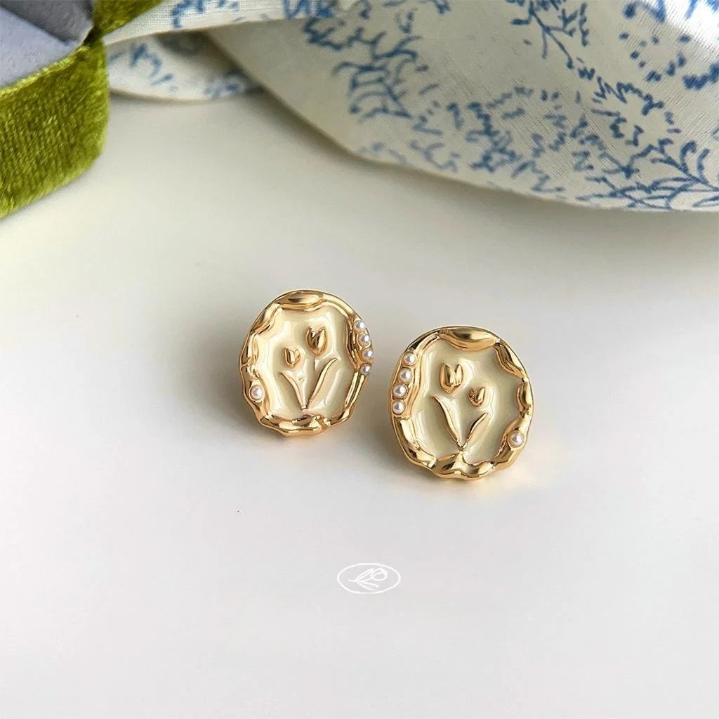 Sweet Pastoral Copper Tulip Flower Stud Earrings Pink Green Spring Garden Floral Jewelry