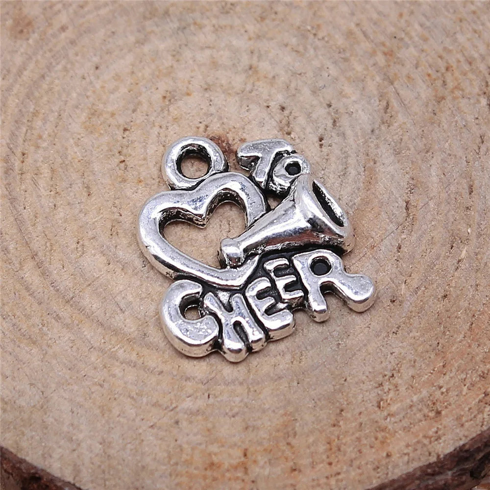17x16mm 1.8g Antique Silver Zinc Alloy I Heart To Cheer Charm Pendant for DIY Sports Jewelry Making