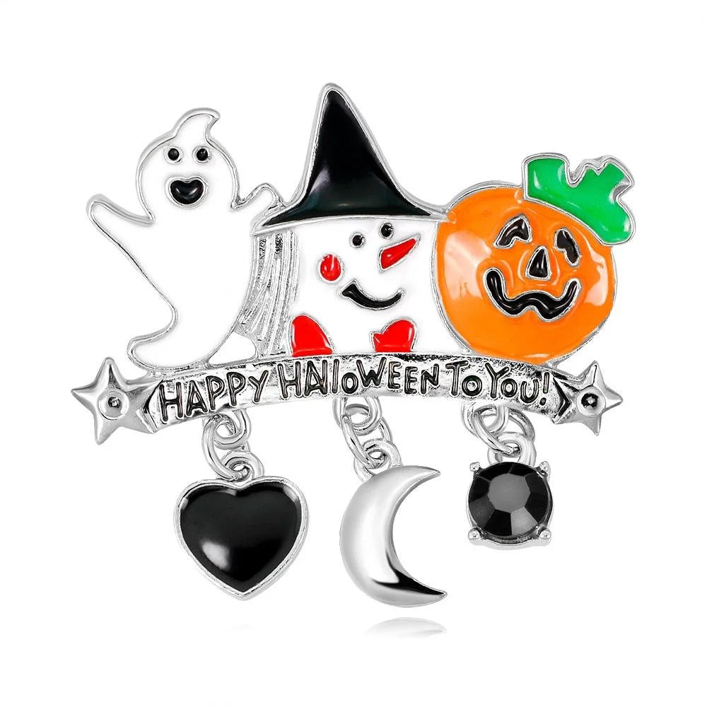 Cute Halloween Ghost Pumpkin Witch Enamel Alloy Brooch With Dangling Charms, Festive Lapel Pin Gift