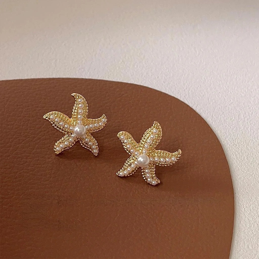 14K Gold Plated Copper Starfish Pearl Stud Earrings With Silver Plated Posts Elegant Style