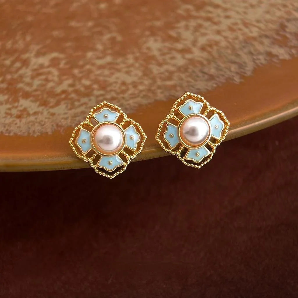 Ethnic Floral Enamel Drip Glaze Copper Pearl Stud Earrings Vintage Palace Style