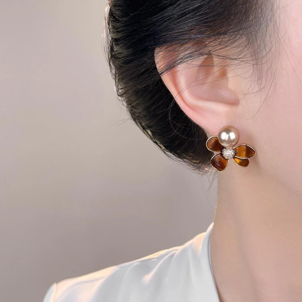 Vintage Maillard Copper Enamel Flower Drop Earrings with Pearl Zircon
