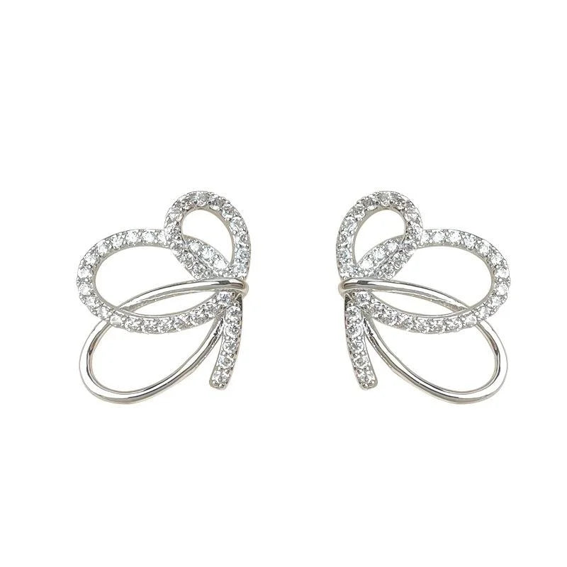 Original Designer Sweet Bowknot Hollow Zircon Copper Stud Earrings With Silver Plated Pins