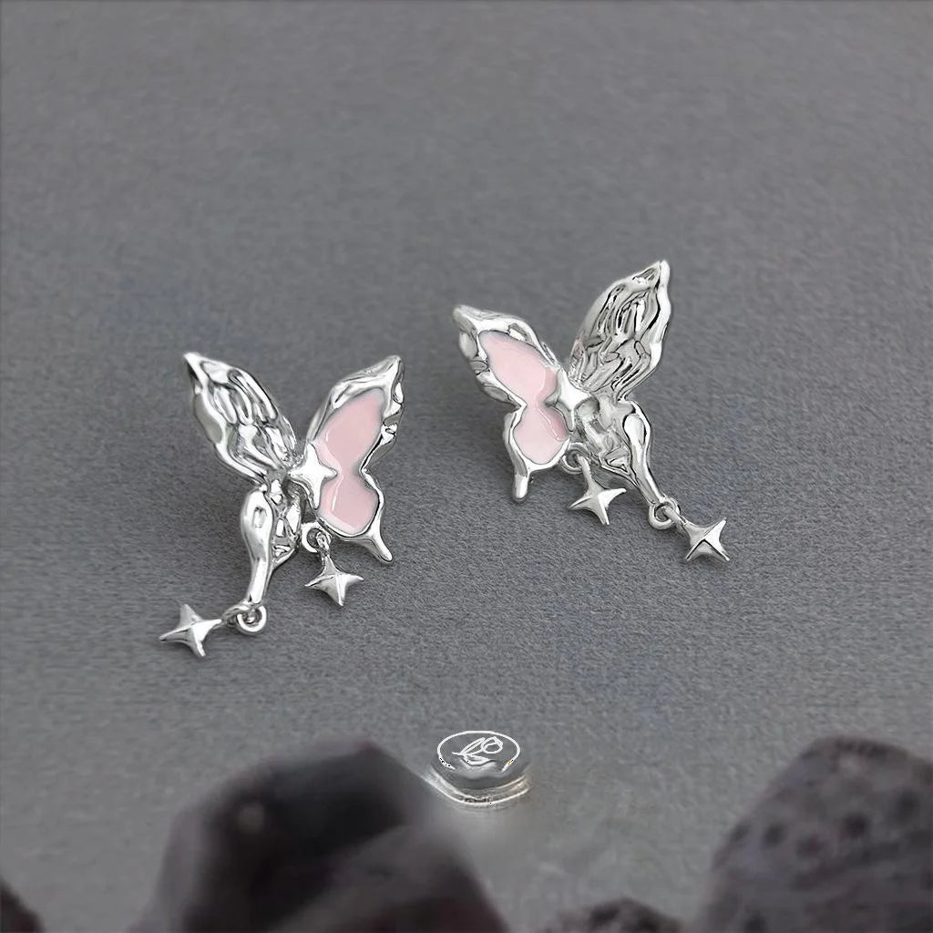 Sweet Cool Pink Enamel Butterfly Drop Earrings, Copper Liquid Texture Star Design