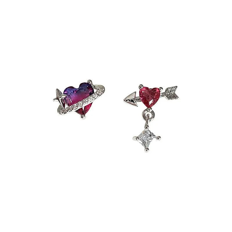 Sweet Cool Copper Micro Pave Zircon Arrow Heart Asymmetric Stud Earrings Iridescent Pink Trendy Jewelry