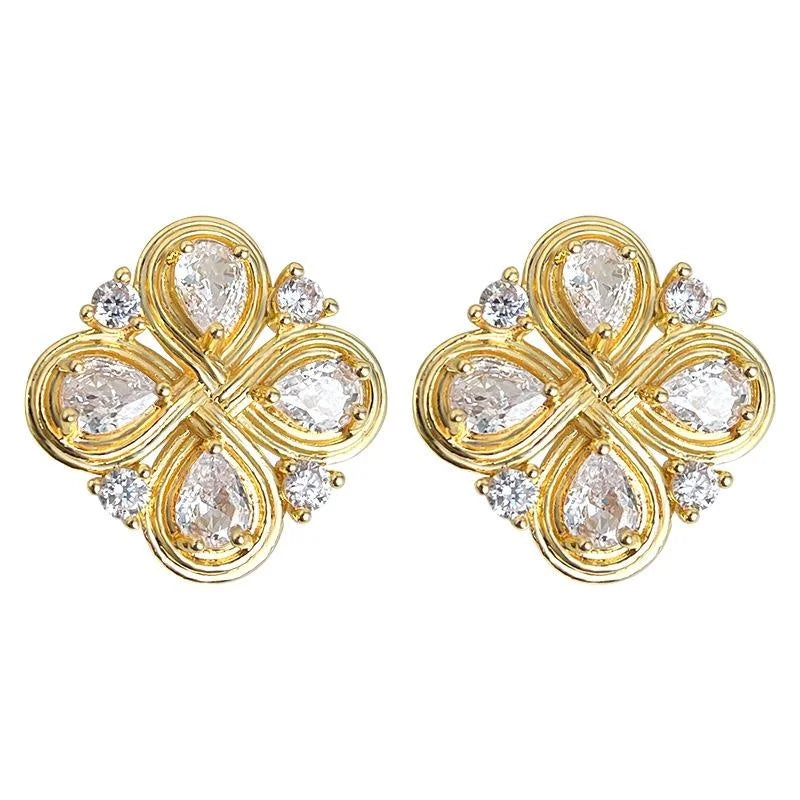 Vintage Chinese Knot Flower Geometric Zircon Copper Stud Earrings