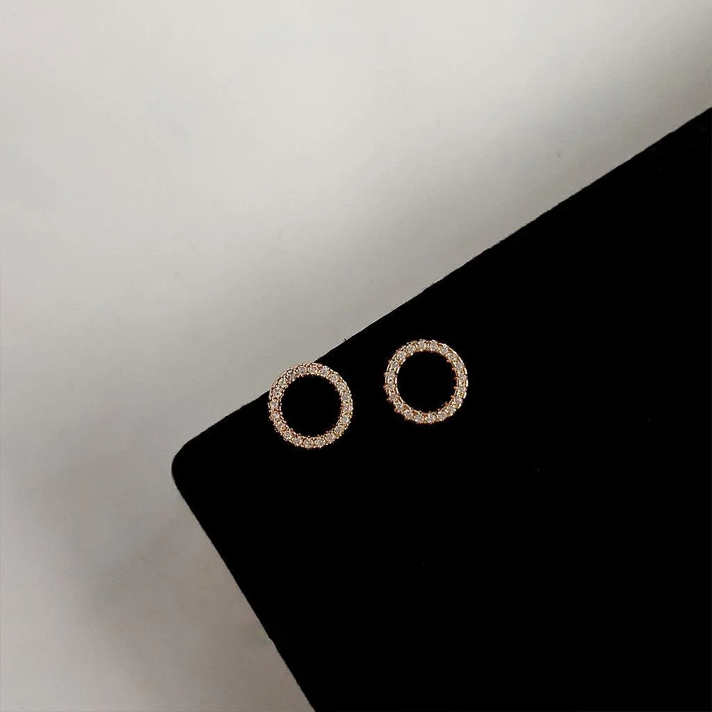 14K Gold Plated Copper Round Geometric Zircon Hollow Mini Stud Earrings