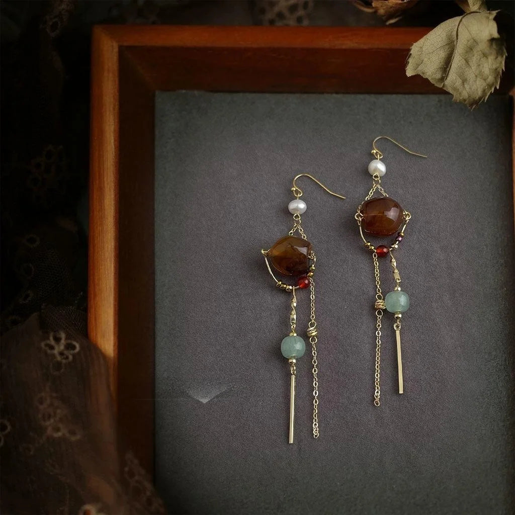 Maillard Style Copper Red Agate Aventurine Geometric Tassel Drop Earrings For Women
