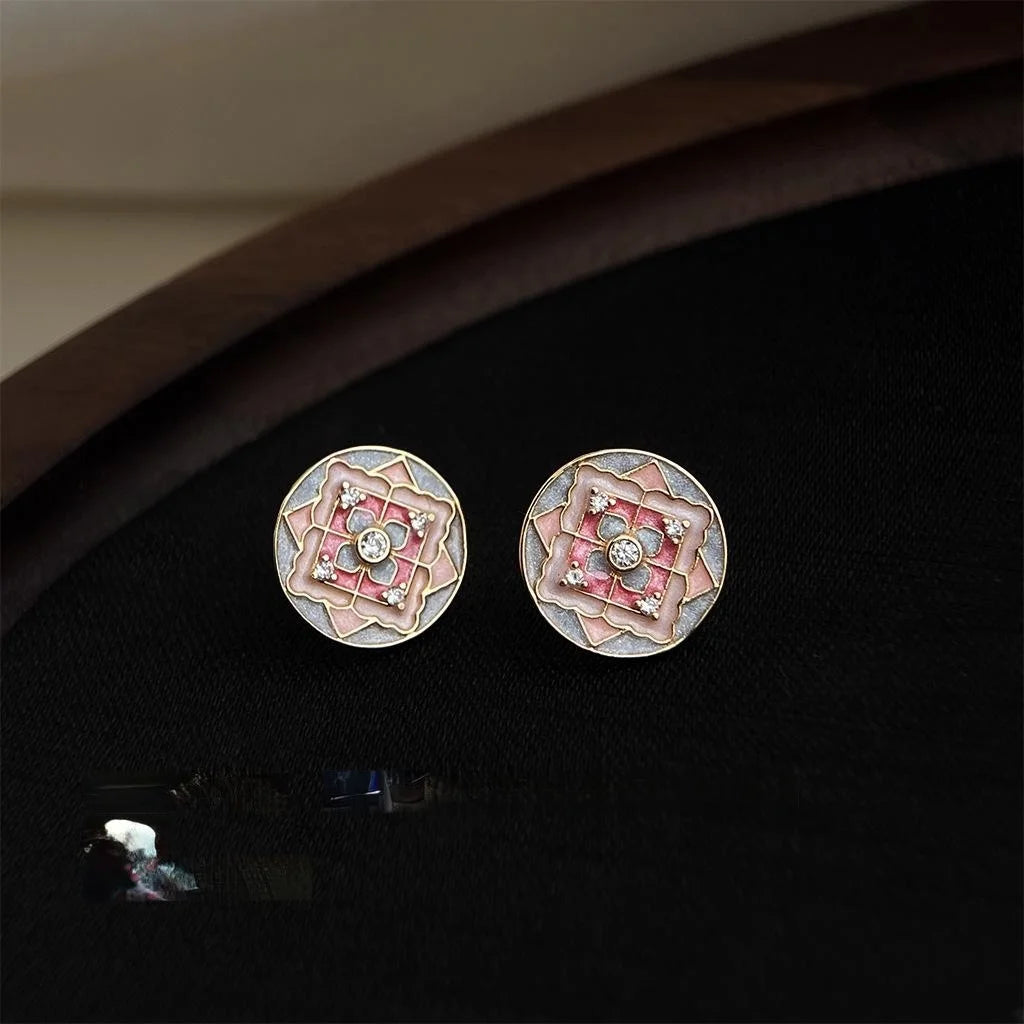Vintage Ethnic Geometric Floral Enamel Copper Stud Earrings