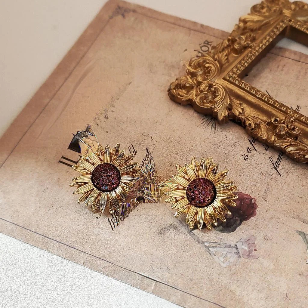Vintage Sunflower Alloy Stud Earrings With 14K Plated, Hong Kong Style Floral Jewelry