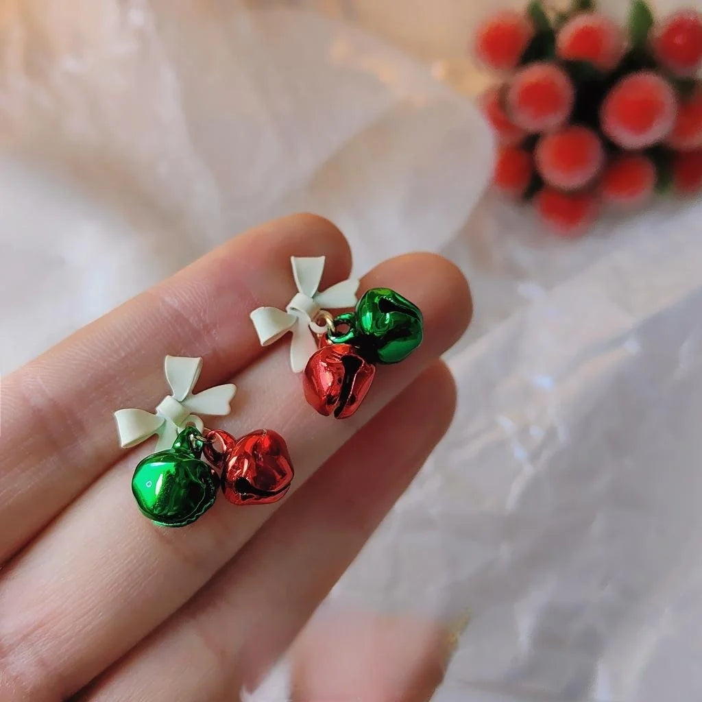 Copper Christmas Bell Bow Stud Earrings Red Green Cute Festive Holiday Jewelry