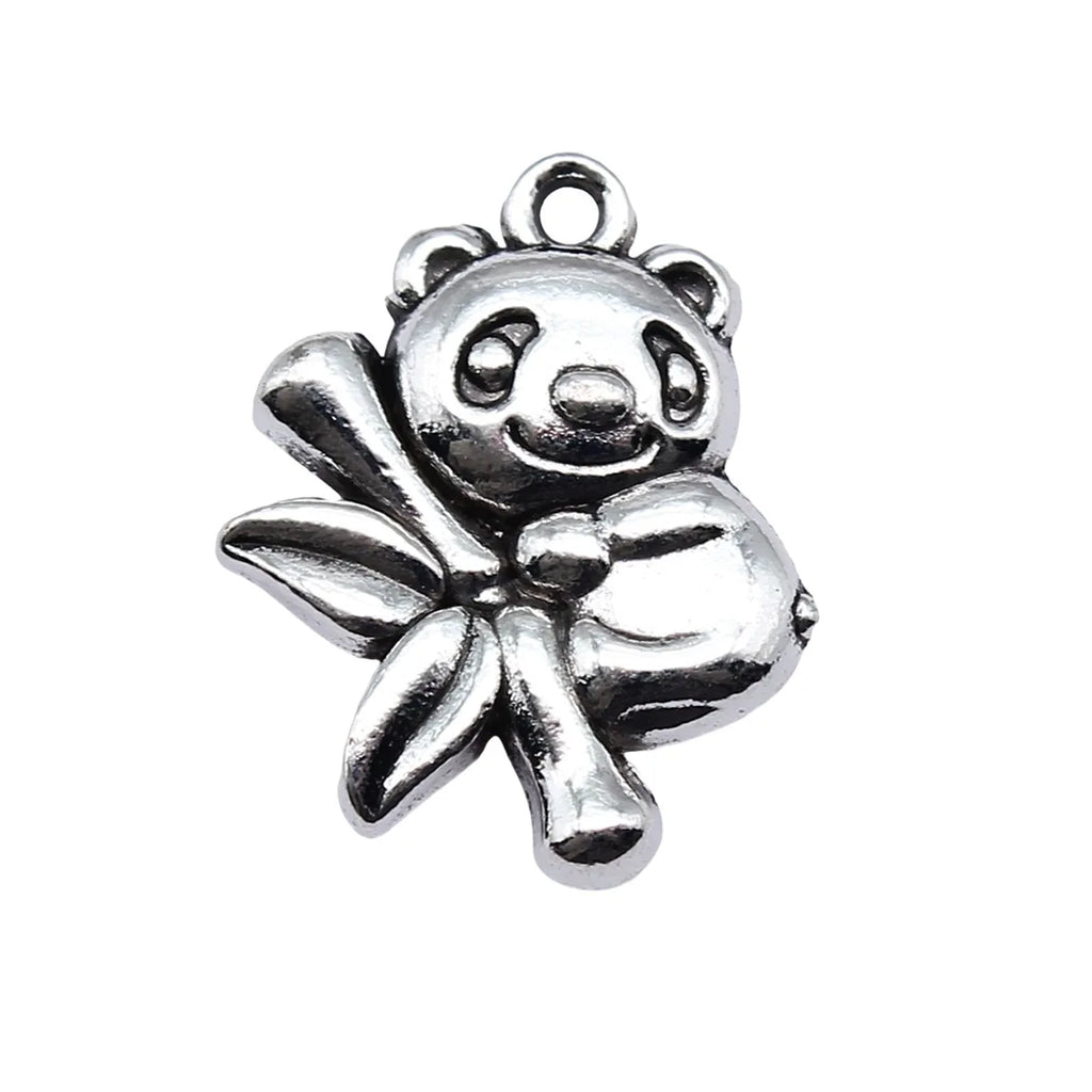 16x20mm 3.2g Antique Silver Zinc Alloy Panda with Bamboo Bear Cat Charm Pendant for DIY Chinese Style Jewelry
