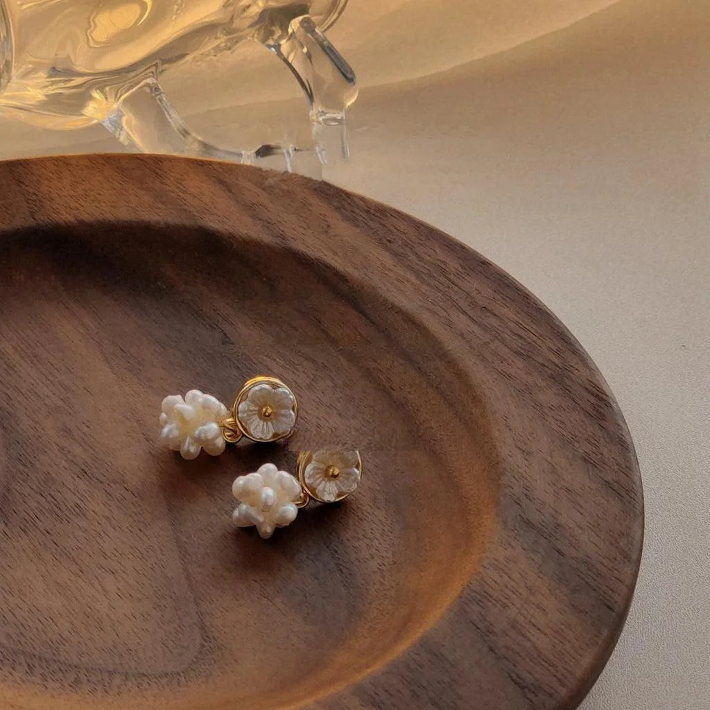 14K Plated Freshwater Pearl Floral Stud Earrings Handmade Sweet Design For Women