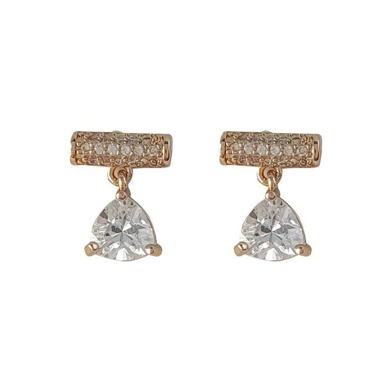 Micro Pave Zircon Geometric Balance Beam Heart Bell Stud Earrings Copper Minimalist