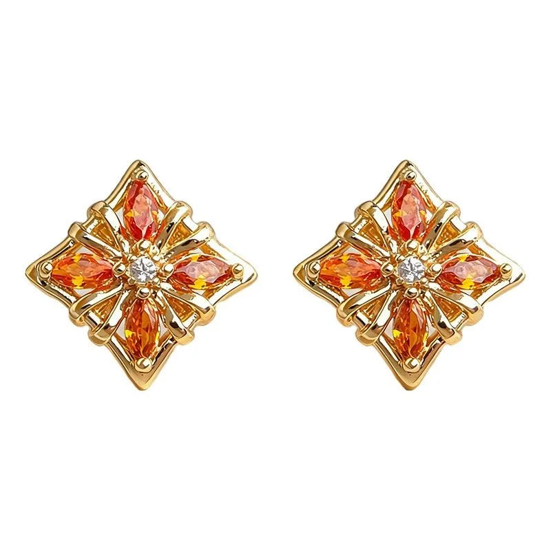 Premium Orange Red Micro Pave Zircon Flower Petal Copper Stud Earrings