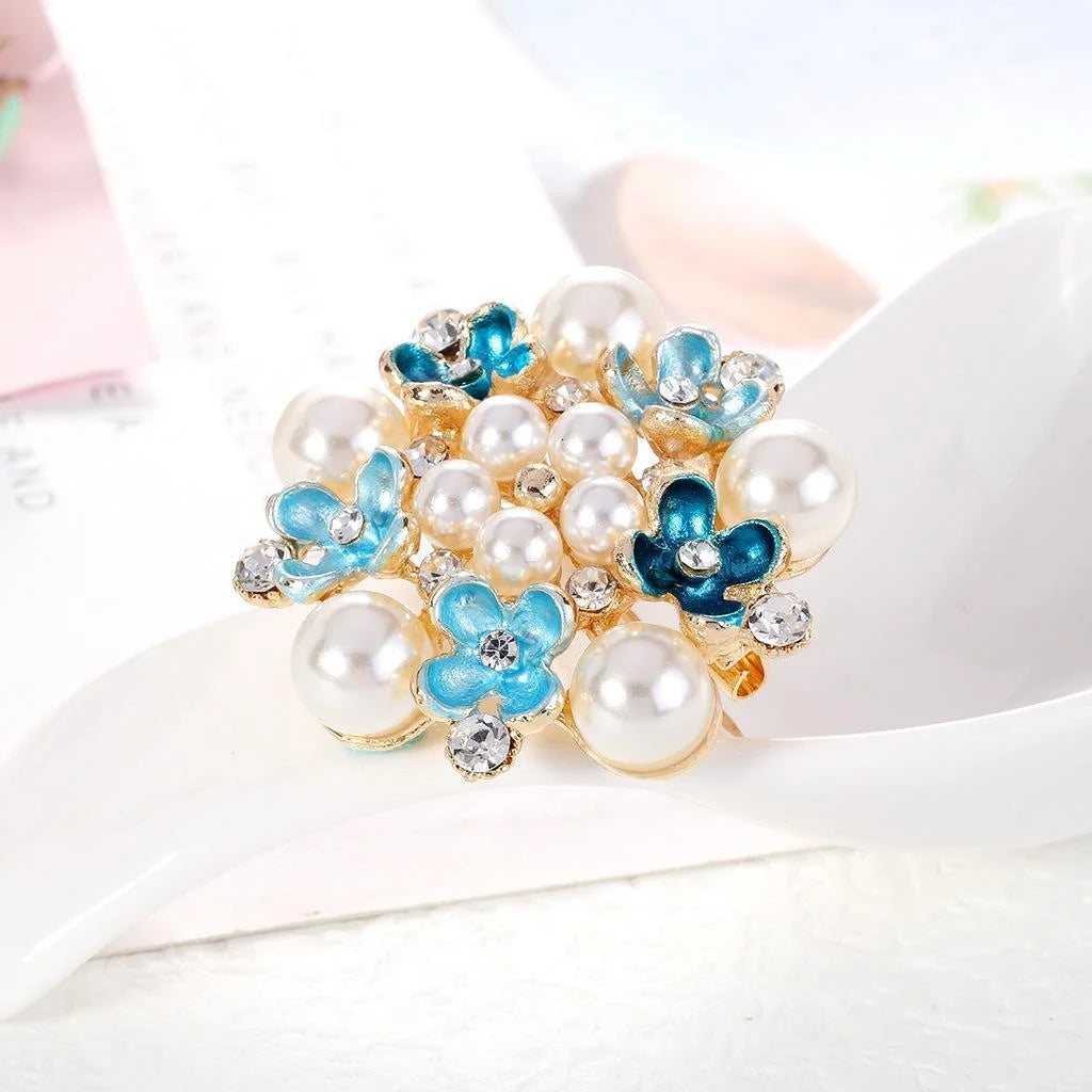 Elegant Blue Enamel Flower Brooch With Pearls And Rhinestones, Alloy Floral Lapel Pin Corsage Gift