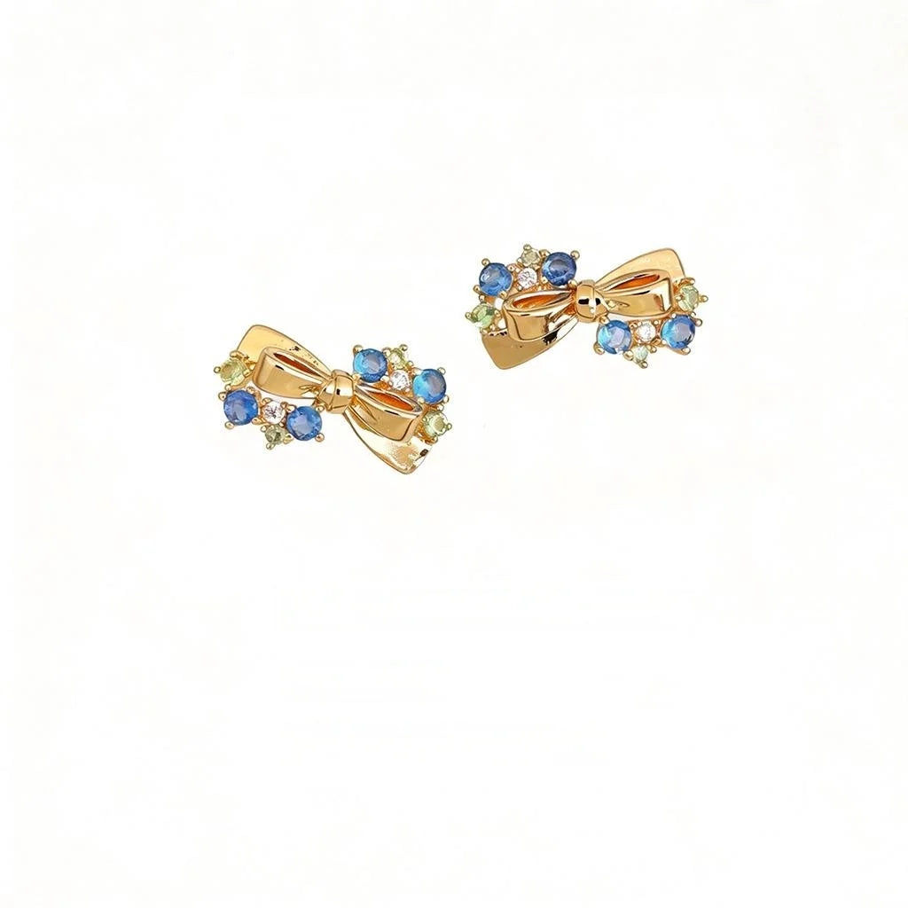 Fashion Aquamarine Zircon Bow Stud Earrings Copper Geometric Jewelry