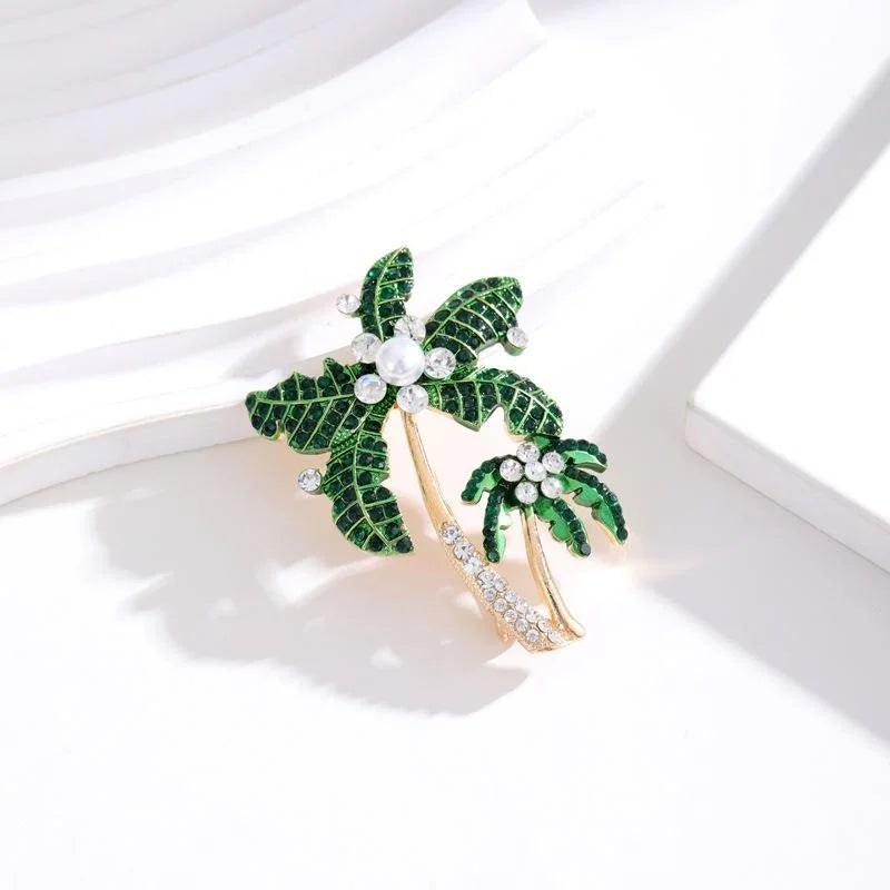 Elegant Green Enamel Coconut Palm Tree Brooch With Rhinestone Pearl, Tropical Lapel Pin Gift