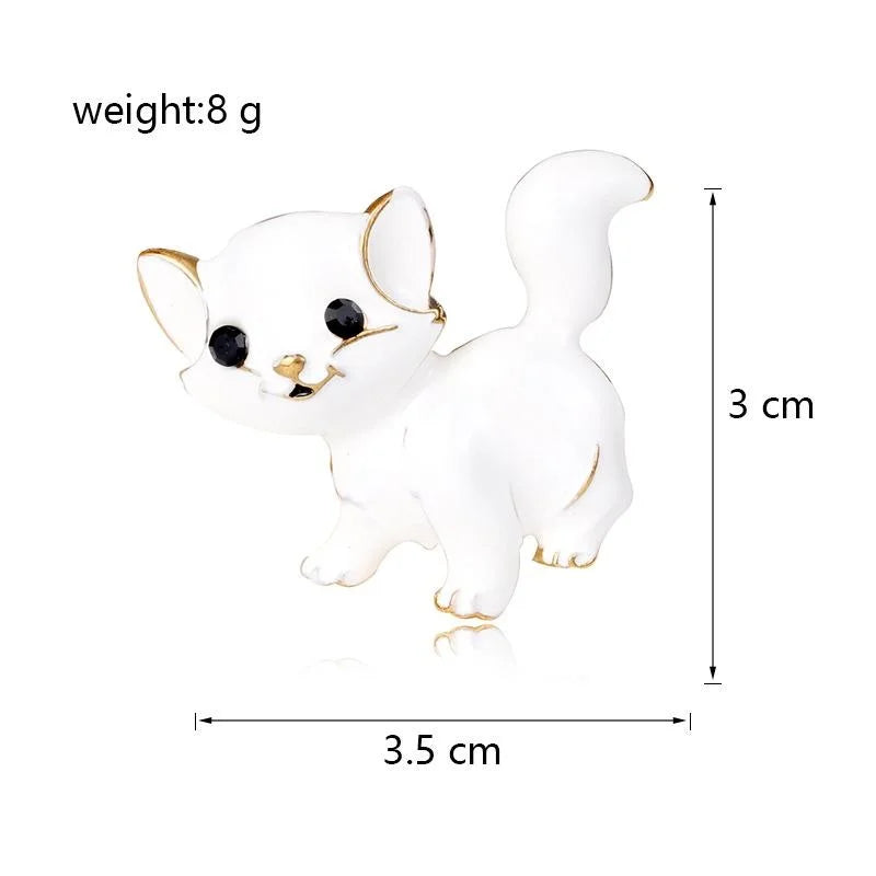 Cute White Enamel Cat Brooch With Black Rhinestone Eyes, Gold Tone Alloy Lapel Pin Corsage Gift