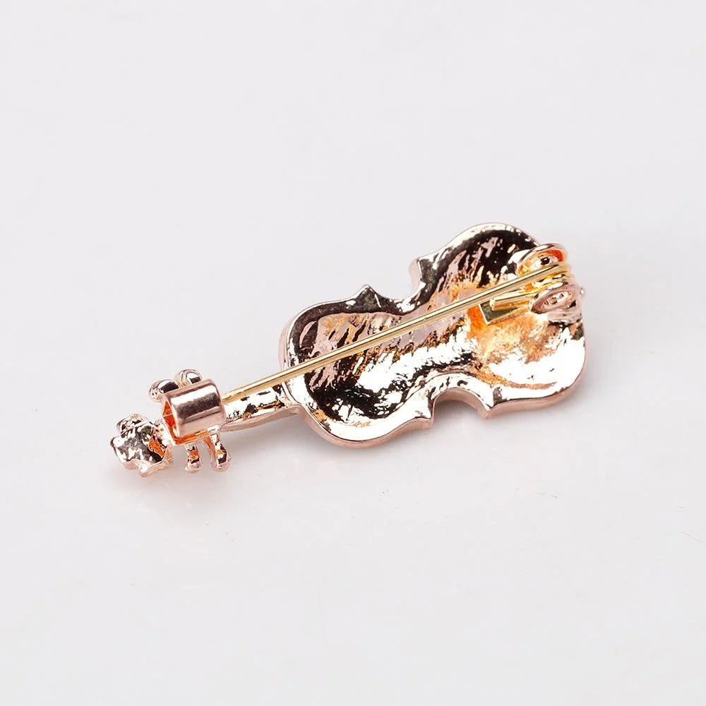 Elegant Violin Brooch With Black Enamel Mother Of Pearl And Rhinestone Zircon, Women's Lapel Pin Gift