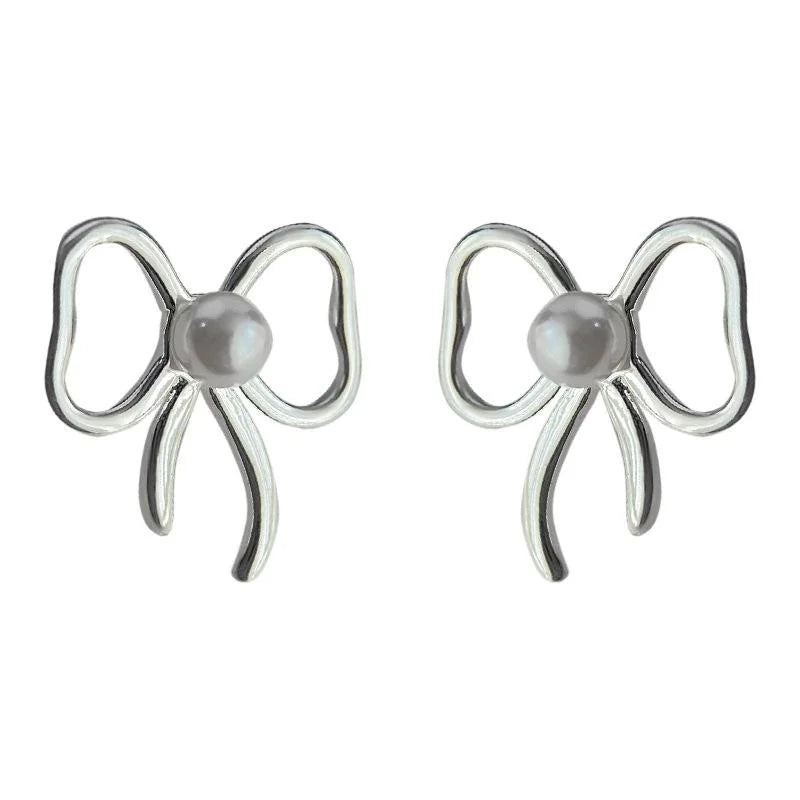 Sweet Cool Bow Knot Stud Earrings Copper Hollow Line Minimalist Women's Jewelry