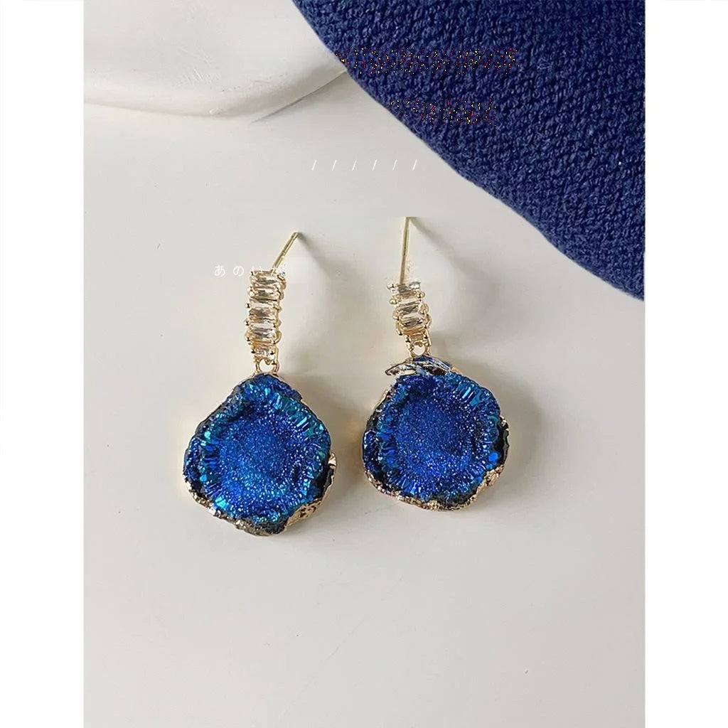 Klein Blue Faceted Crystal Geometric Drop Earrings Irregular Drip Glaze Copper Jewelry