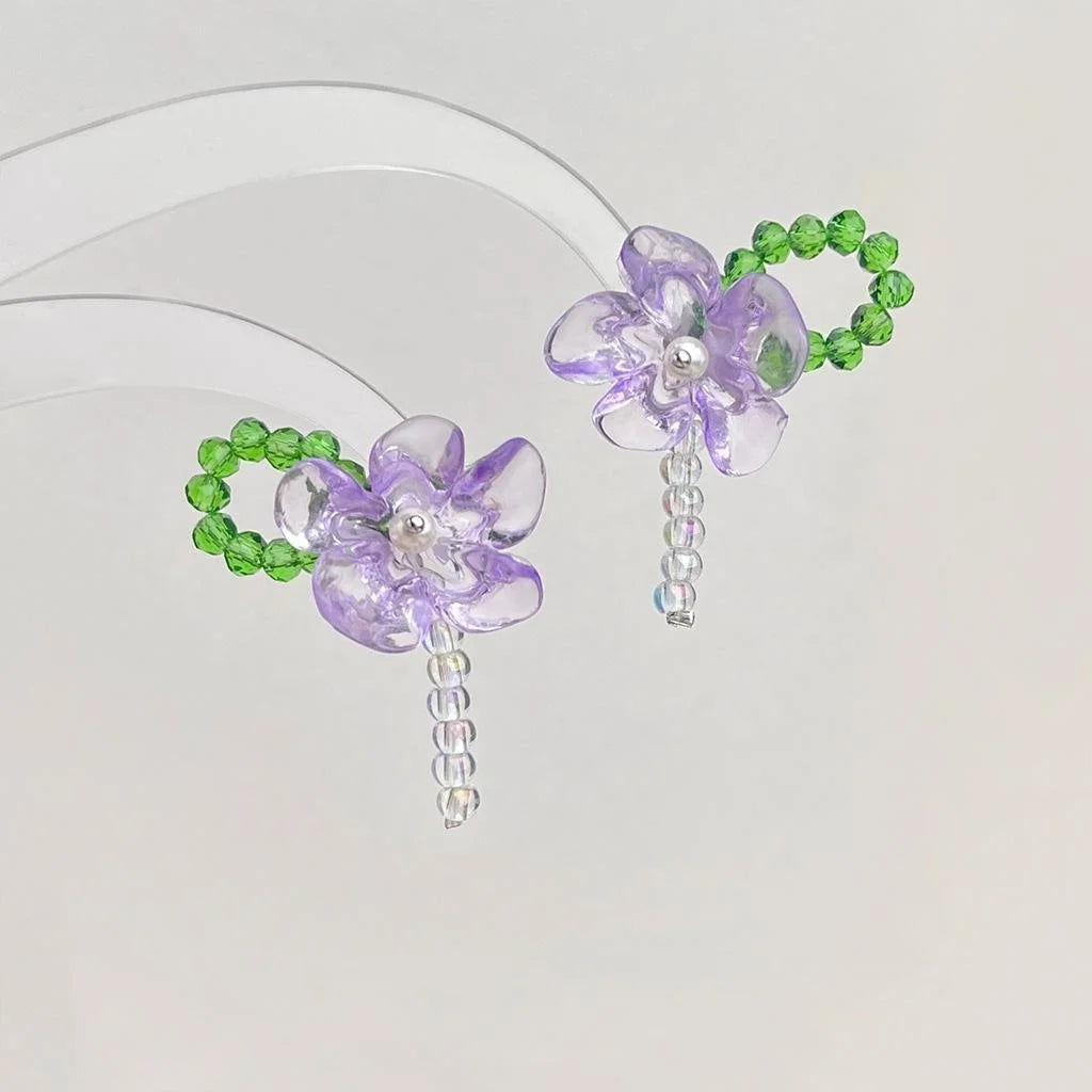 Sweet Purple Transparent Resin Flower Drop Earrings Handmade Summer Vacation Style