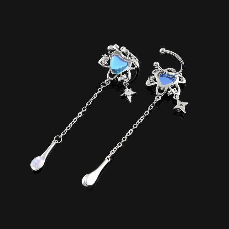 Elegant Alloy Opal Heart Star Rhinestone Long Chain Tassel Ear Cuff Stud & Clip On No Piercing Earrings