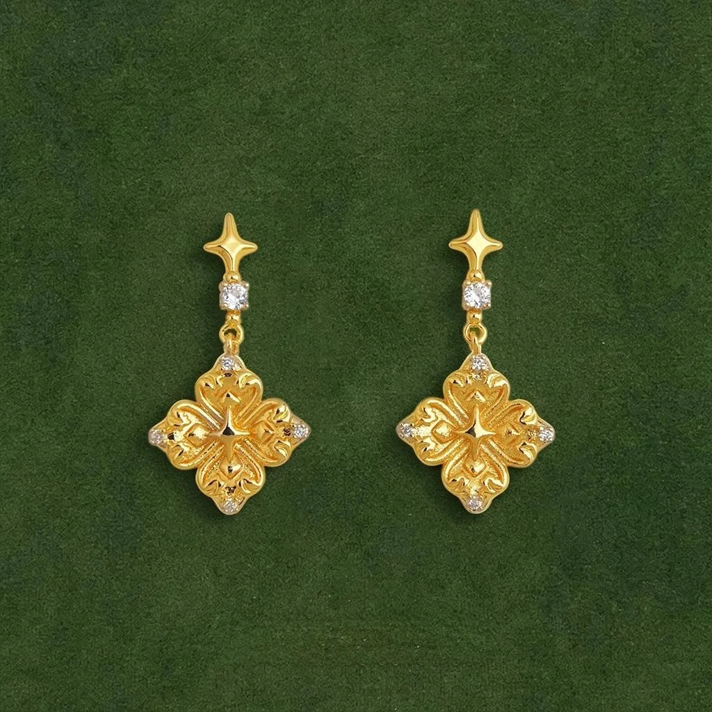 Premium Eco Copper Iris Flower Star Zircon Micro Pave Drop Earrings