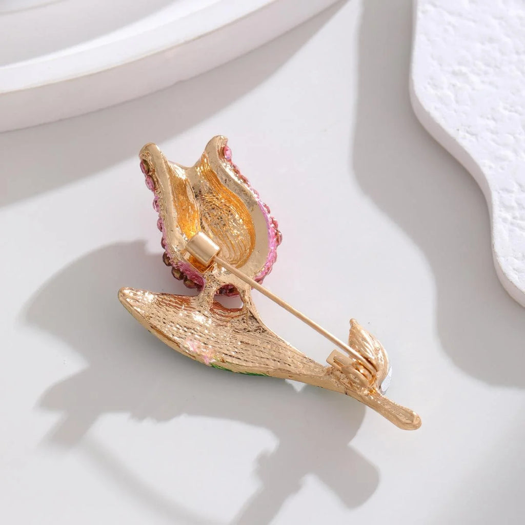 Luxury Red Tulip Rhinestone Enamel Brooch For Women, Elegant Flower Lapel Pin Corsage Suit Accessory Gift