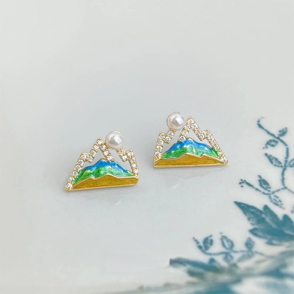 Silver Plated Geometric Pearl Zircon Stud Earrings Hand Painted Enamel Sun Mountain Design