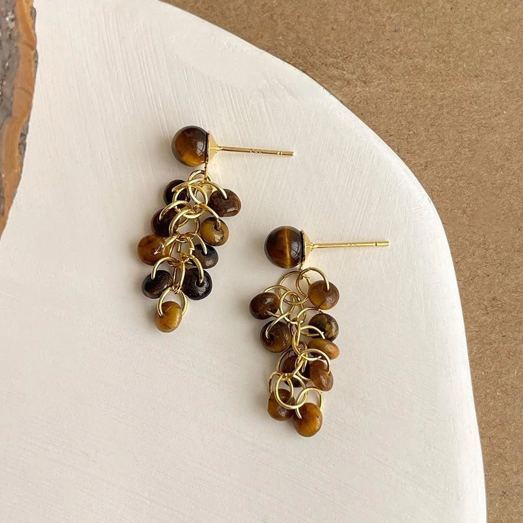 14K Gold Plated Tiger Eye Natural Stone Tassel Drop Earrings Maillard Vintage Designer Jewelry