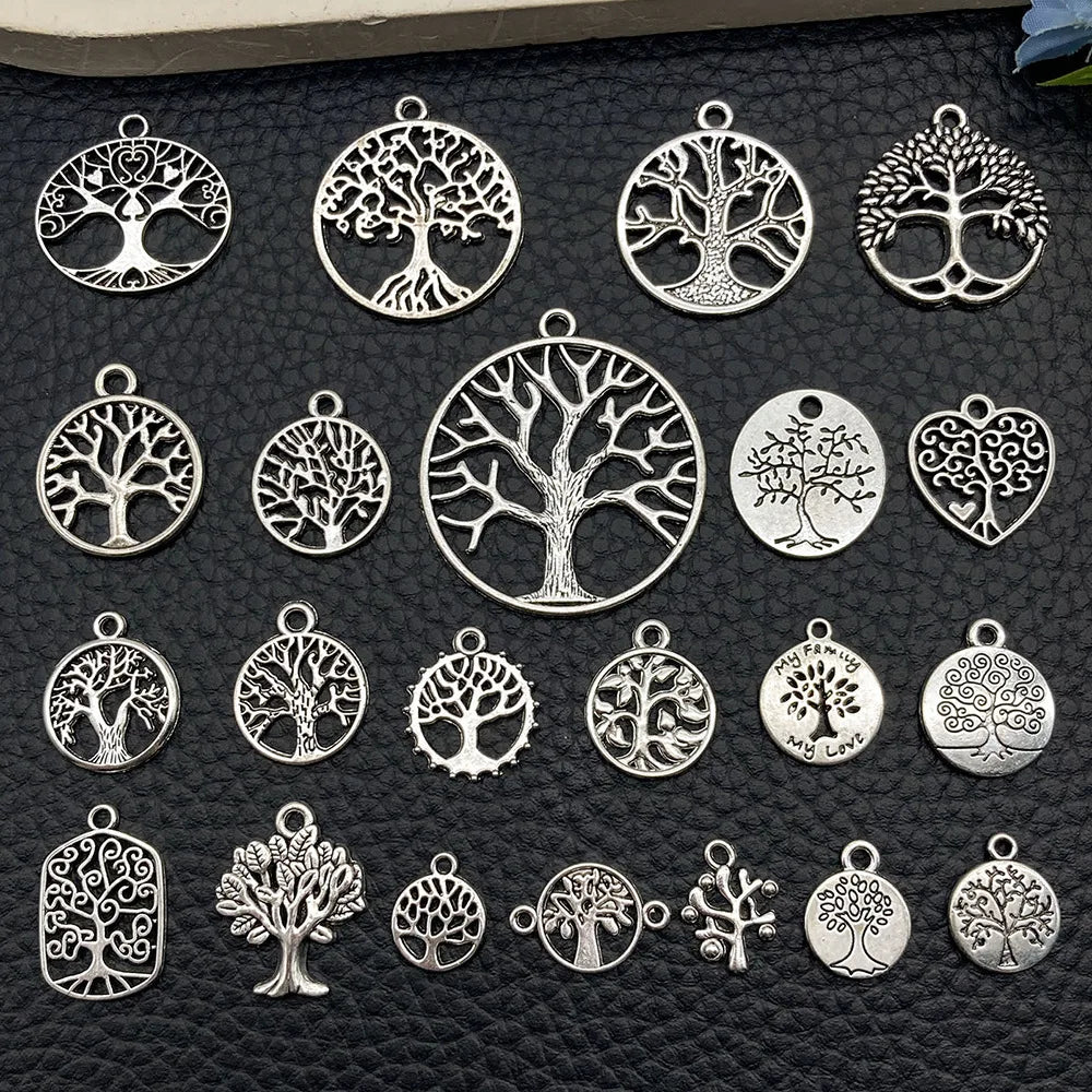Antique Silver Zinc Alloy Hollow Tree of Life Bead for DIY Beaded Jewelry Making