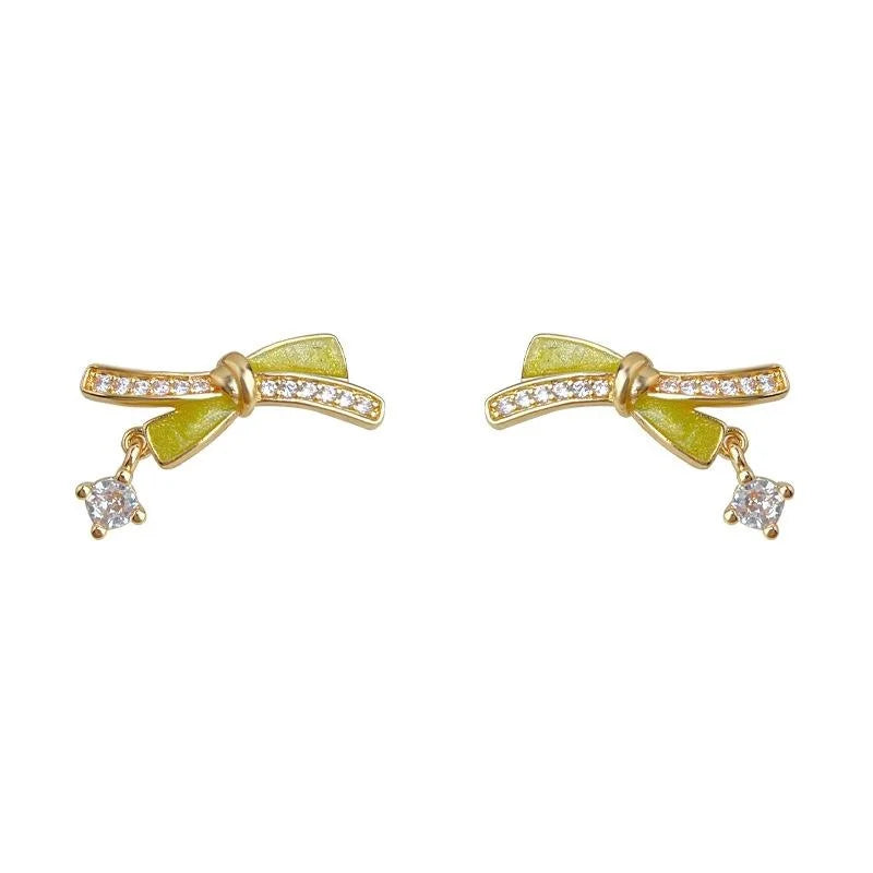 Copper 14K Plated Enamel Bow Stud Earrings With Zircon Micro Pave Sweet Girl Style