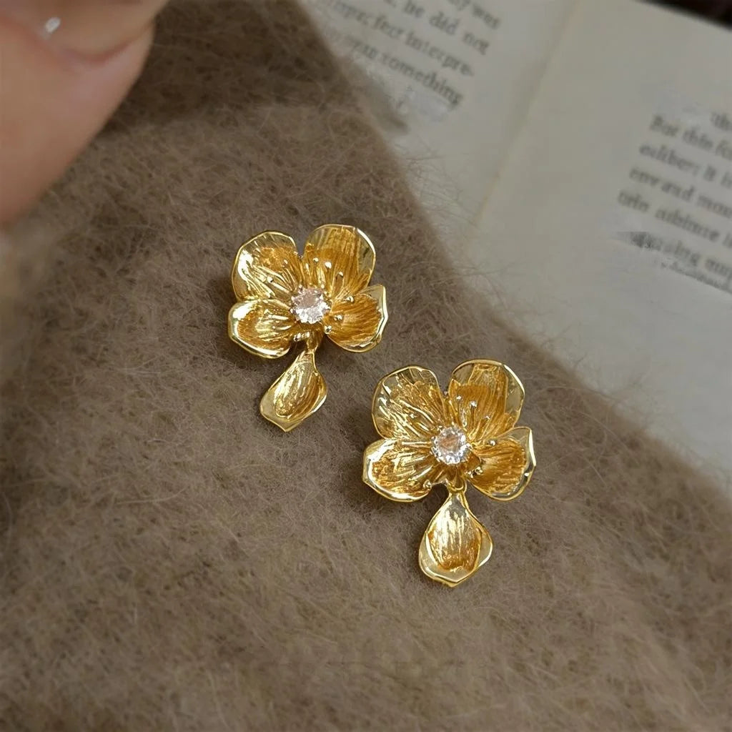 Vintage Floral Micro Pave Zircon Copper Drop Earrings