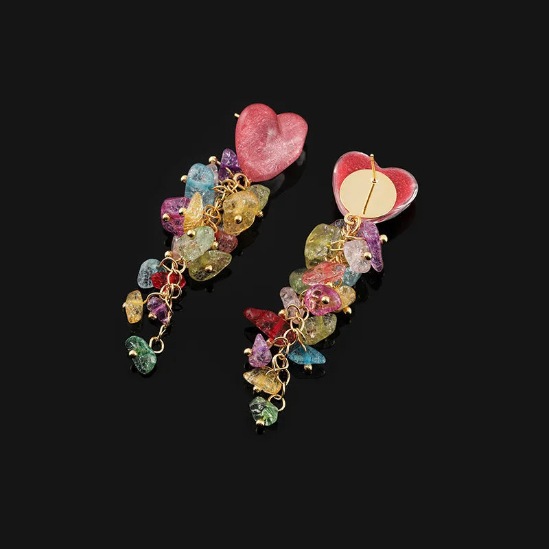 Pink Heart Colorful Crystal Chip Long Tassel Alloy Stud & Clip On No Piercing Earrings