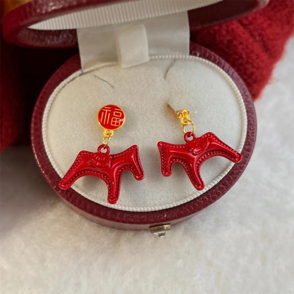 Lucky Horse Chinese New Year Copper Enamel Drop Earrings