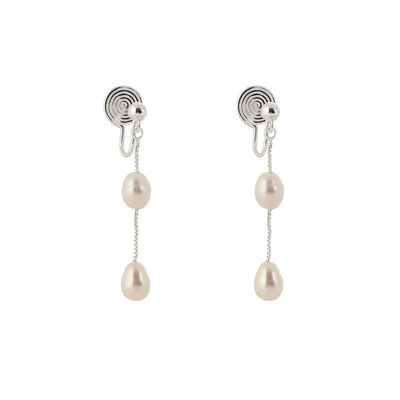 Elegant Freshwater Pearl Chain Tassel Spiral Disc Stud & Clip On No Piercing Long Drop Earrings