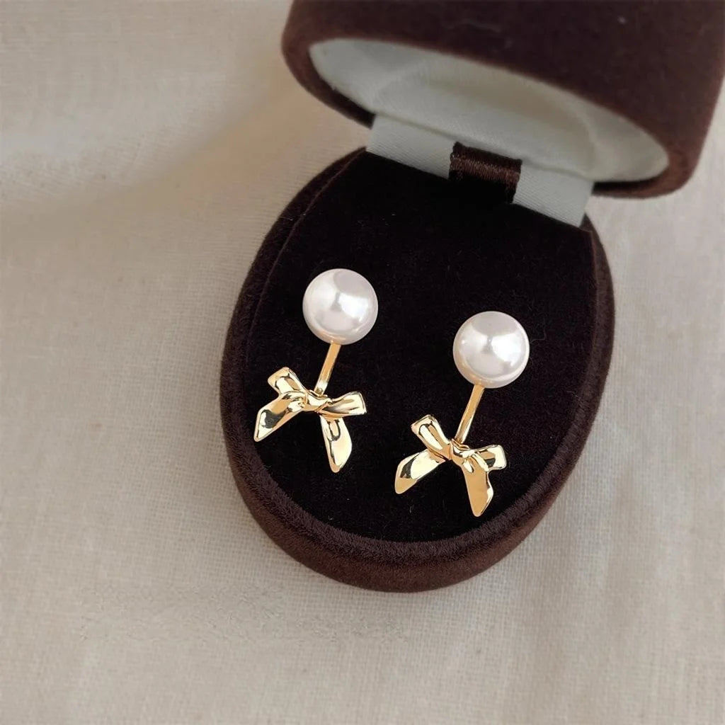 Two-Way Minimalist Bow Drop Earrings Copper Metal Glass Pearl Light Luxury Jewelry