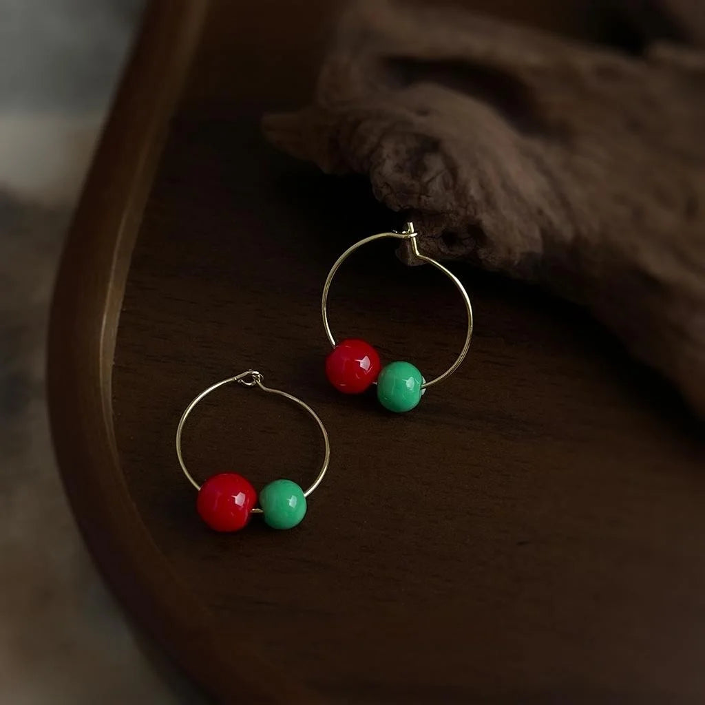 Ethnic Style Contrast Color Glass Round Geometric Hoop Drop Earrings for Women