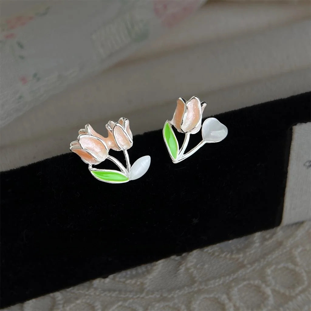 Sweet Asymmetric Tulip Flower Stud Earrings Copper Glass Cat Eye Stone Commuter Jewelry