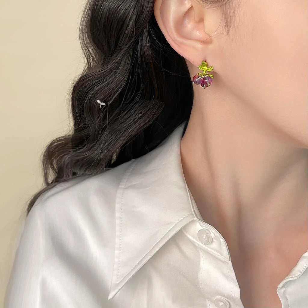 Handmade Purple Grape Cluster Crystal Glass Stud Earrings Sweet Fresh Summer Vacation Style
