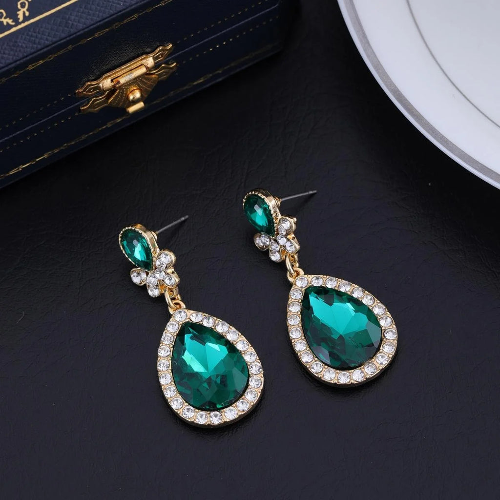 Luxury Emerald Green Crystal Rhinestone Teardrop Earrings For Women Wedding Banquet Party Gift