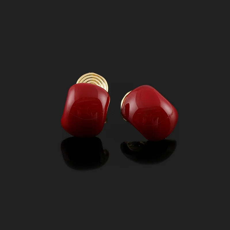 Vintage Red Bean Enamel Spiral Disc Alloy Stud & Clip On No Piercing Women Jewelry Earrings