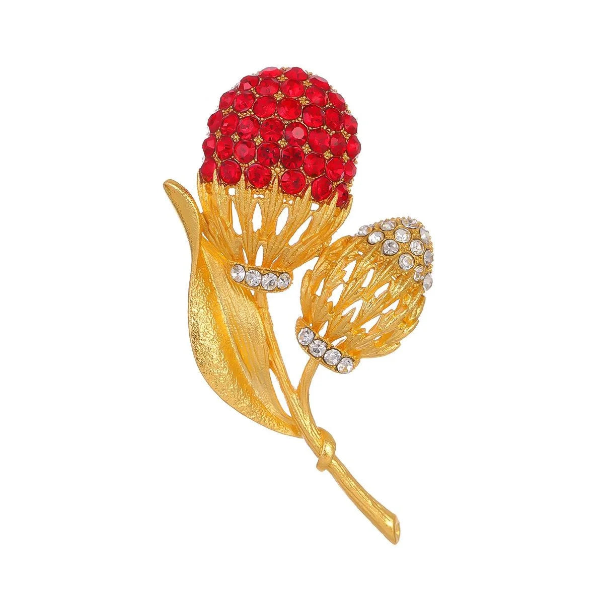 Elegant Gold Alloy Flower Brooch With Red Rhinestone Buds, Women's Lapel Pin Corsage Suit Accessory Gift