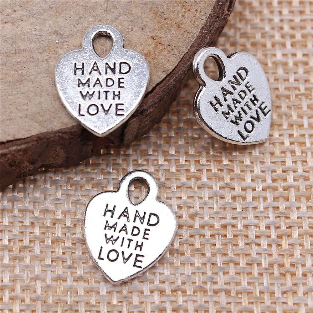 15x12mm 0.9g Zinc Alloy Heart Hand Made with Love Double Sided Charm Pendant for DIY Bracelet Jewelry Making