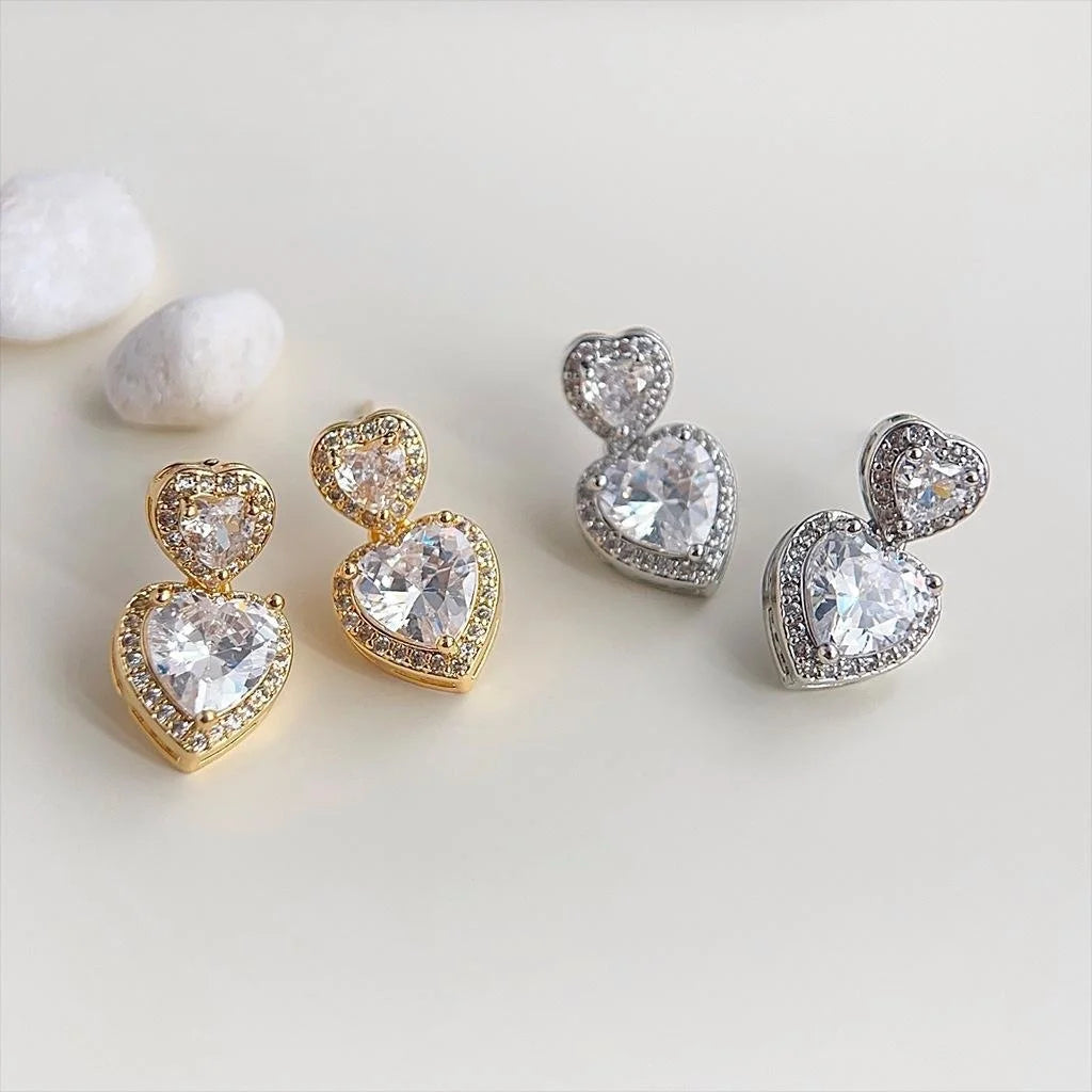 18K Gold Plated Copper Heart Zircon Drop Earrings, Light Luxury Sweet Elegant Jewelry